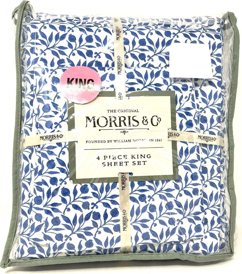 William Morris & Co. KING Sheet Set Blue White Blueberries 100% Cotton 4 pcs